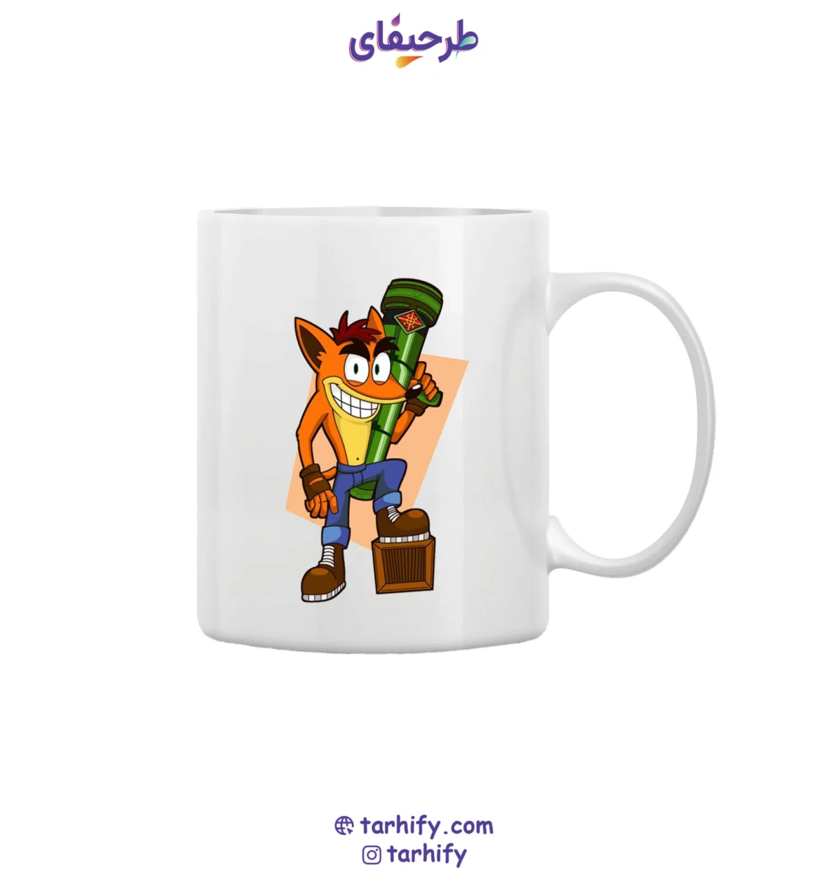 crash-bandicoot5-mug-tarhify.com ماگ طرح کراش بندیکوت با چاپ باکیفیت و تصویر شخصیت بازی Crash Bandicoot