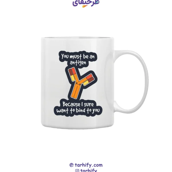 ماگ سرامیکی طرح رشته ایمونولوژی Immunology با چاپ علمی از سلول‌های ایمنی و آنتی‌بادی‌ها