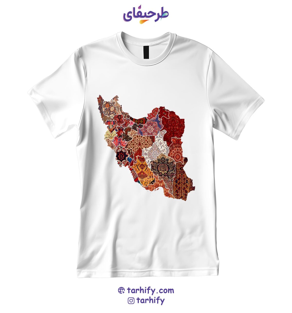 iran-map-tshirt-tarhify.com تیشرت طرح نقشه ایران مدل فرش ایرانی Persian Carpet Iran Map با چاپ هنری و فرهنگی