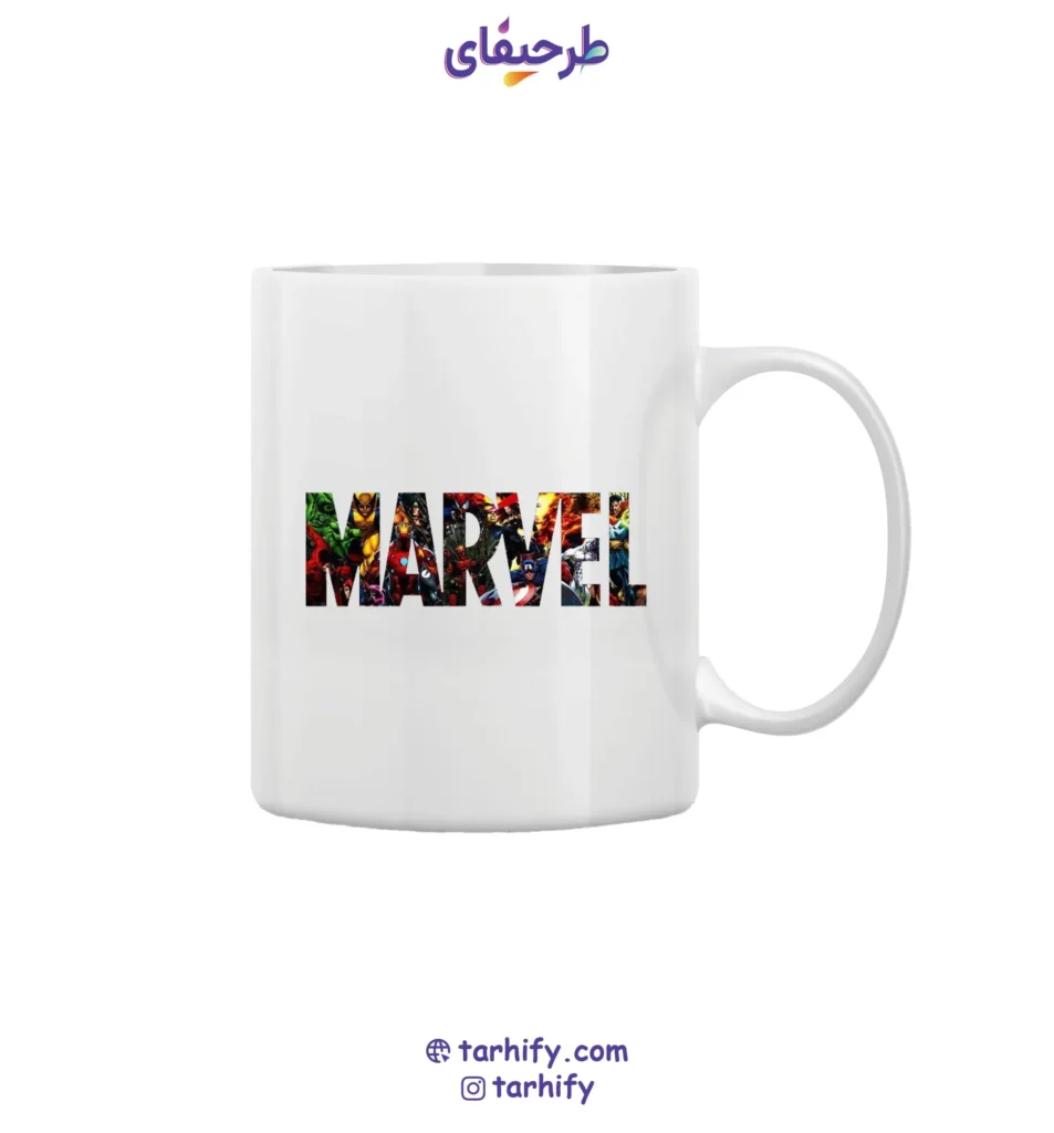 ماگ طرح لوگو مارول Marvel Logo با چاپ قرمز و سفید نماد برند مارول