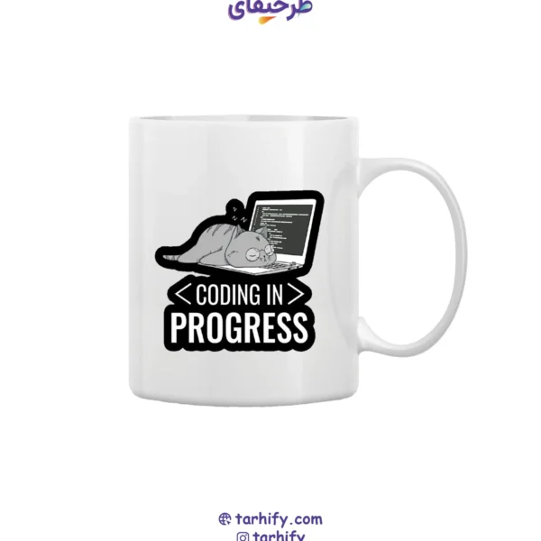 ماگ طرح گربه برنامه‌نویس خسته Tired Coder Cat با چاپ بامزه از گربه در حال کدنویسی